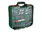Sada nářadí PARKSIDE s vrtáky, bity do šroubováku a měřicím pásmem v zeleném kufříku.