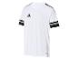 Bílé sportovní tričko Adidas s černým logem a pruhy.