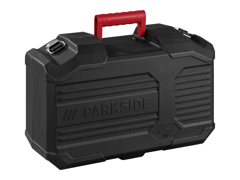 Černý kufr na nářadí s červenou rukojetí od značky Parkside.