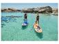 Dva lidé na paddleboardech v tyrkysové vodě s kameny v pozadí.