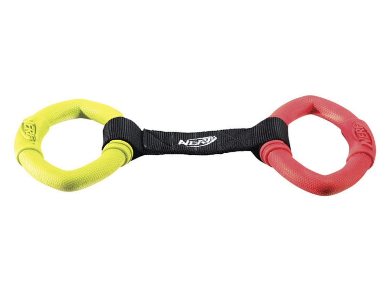 Červená a žlutá hračka NERF pro psy s černým popruhem.