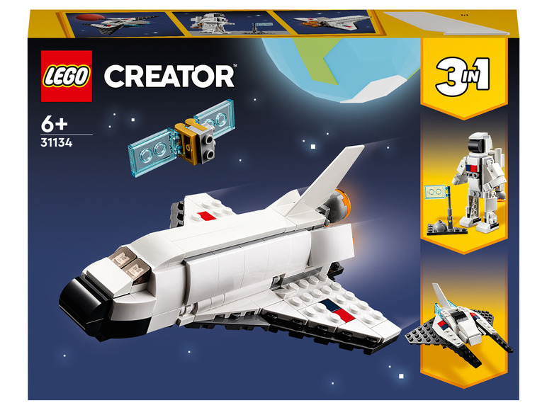 LEGO Creator 3-v-1 sada s raketoplánem, družicí a astronautem.