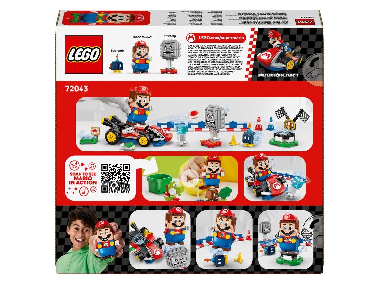 Sada hraček s tématikou Mario Kart, včetně figurky Maria, vozidla a rekvizit pro dráhu.