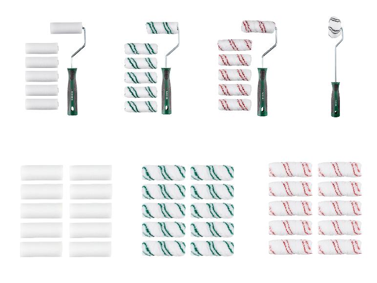 Sada malířských válečků Parkside se zelenými rukojeťmi a různými náhradními válečky.