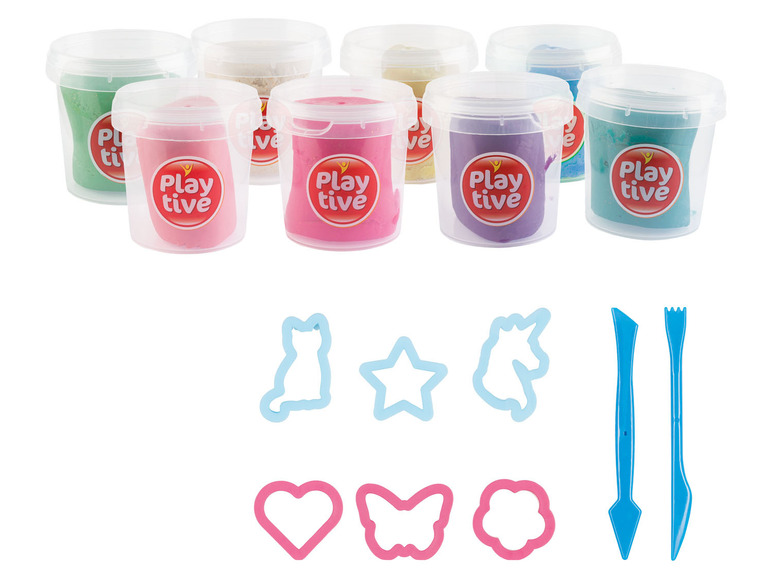 Hrací těsto Play-Doh v různých barvách s formičkami a nástroji.