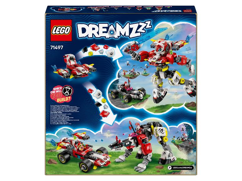 Krabice LEGO DREAMZzz s robotem a vozidlem, obojí postavené z kostek.