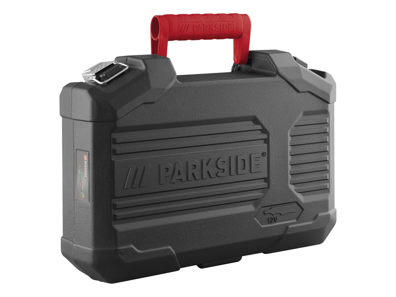 Černý kufr na nářadí Parkside s červenou rukojetí.