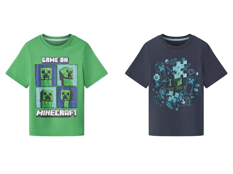Dvě dětská trička Minecraft: zelené s nápisem „GAME ON“ a tmavě modré s „I LOVE MINECRAFT“.