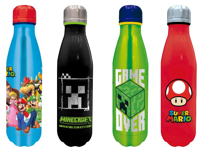 Čtyři nerezové lahve na vodu s motivy videoher: Super Mario, Minecraft a Game Over.