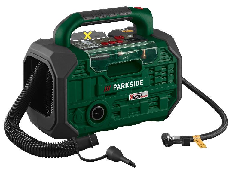 Kompresor a pumpa PARKSIDE X 20V TEAM v zelené a černé barvě s hadicemi a příslušenstvím.