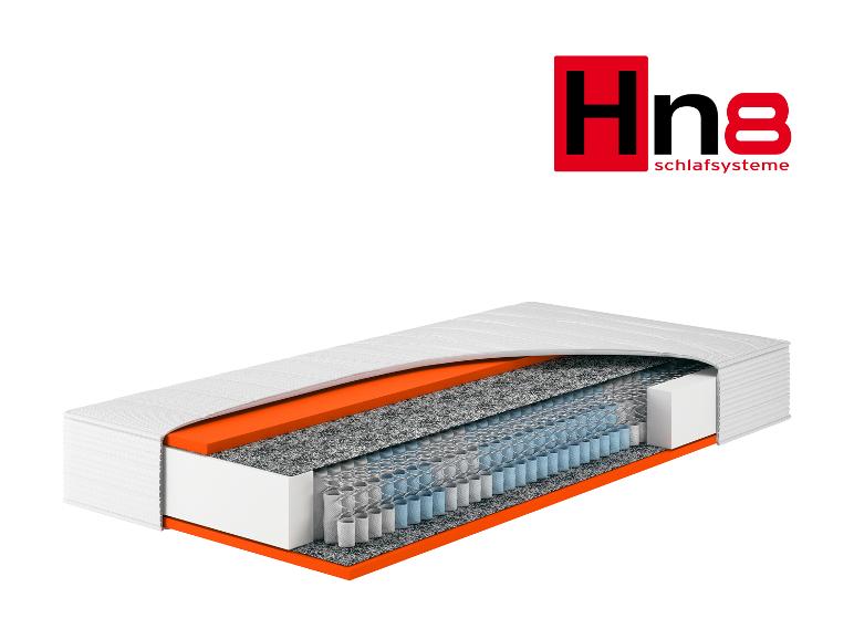 Matrace Hn8 Schlafsysteme s průřezem ukazujícím pružiny a vrstvy.