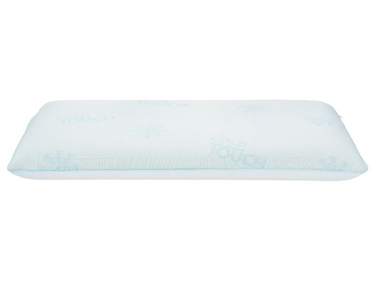 Chladivý polštář s nápisem „COLD TOUCH“ a vzory sněhových vloček.