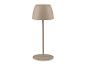 Přenosná béžová stolní lampa s kónickým stínidlem a kulatou základnou.
