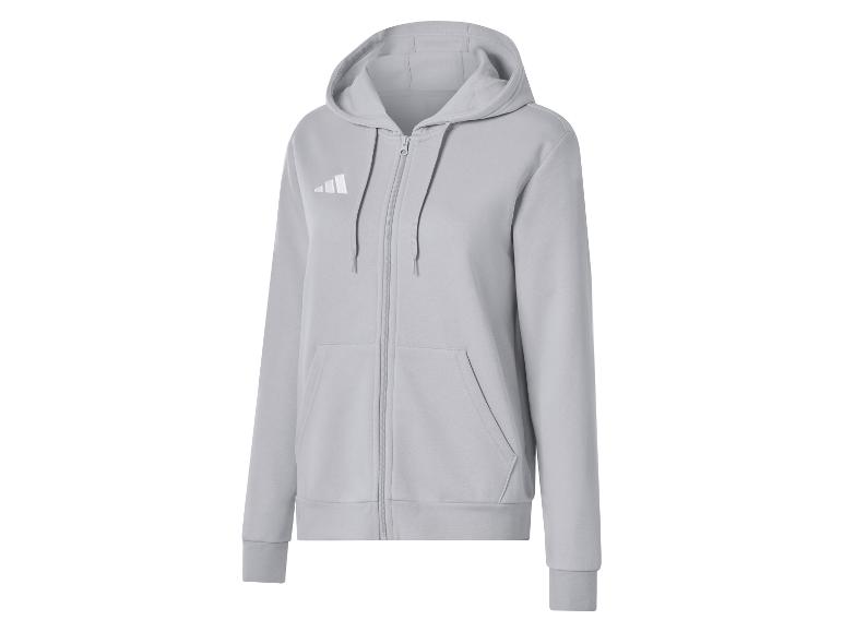 Šedá mikina na zip s kapucí a bílým logem na hrudi.