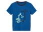 Modré dětské tričko s obrázkem bagru a jeřábu.