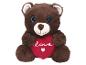 Hnědý plyšový medvídek s modrýma třpytivýma očima, držící červené srdce s nápisem „Love“.