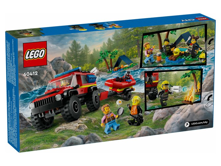 LEGO City hasičské auto 4x4 s lodí a figurkami.