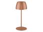 Měděná stolní lampa s kulatou základnou a kónickým stínidlem.