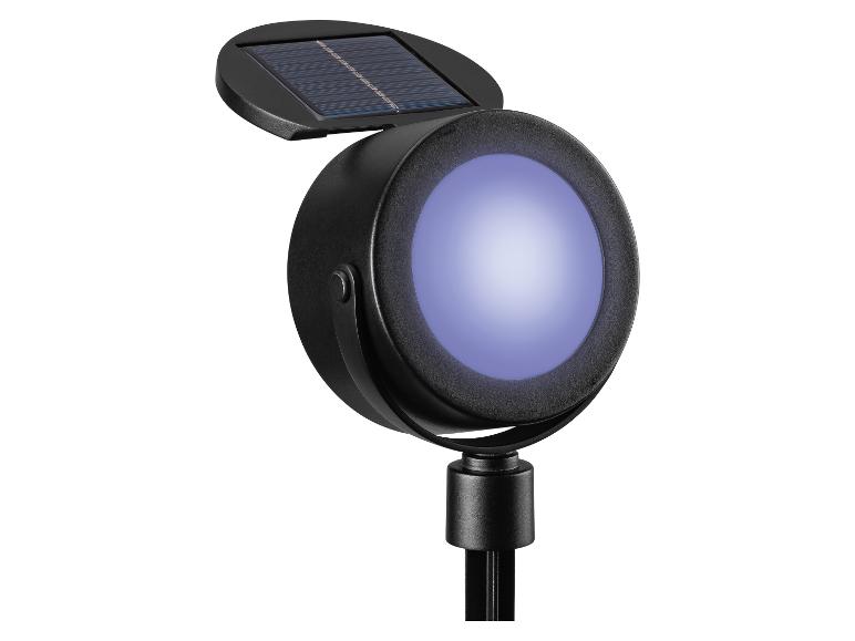 Černé LED solární svítidlo s fialovým světlem, ideální pro zahrady a exteriéry.