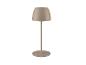 Béžová stolní lampa s kónickým stínítkem a kulatou základnou.