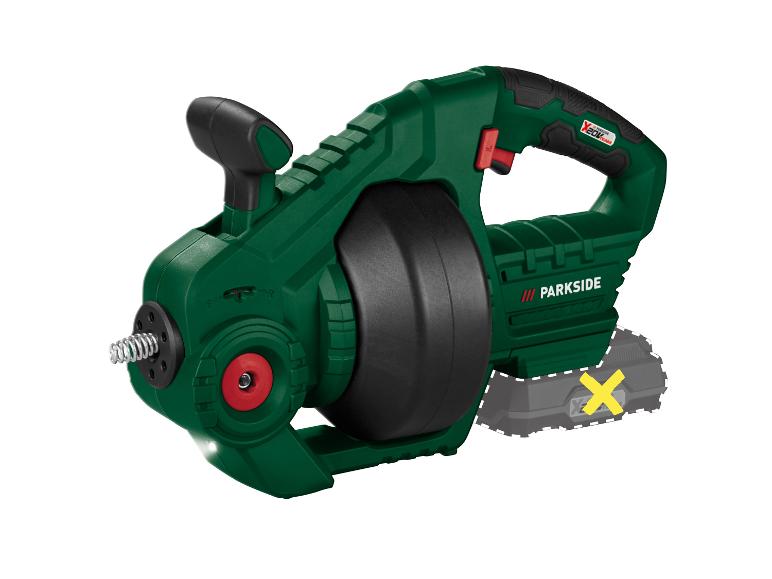Akumulátorový čistič odpadů PARKSIDE s flexibilní spirálou a chybějící baterií označenou žlutým X.