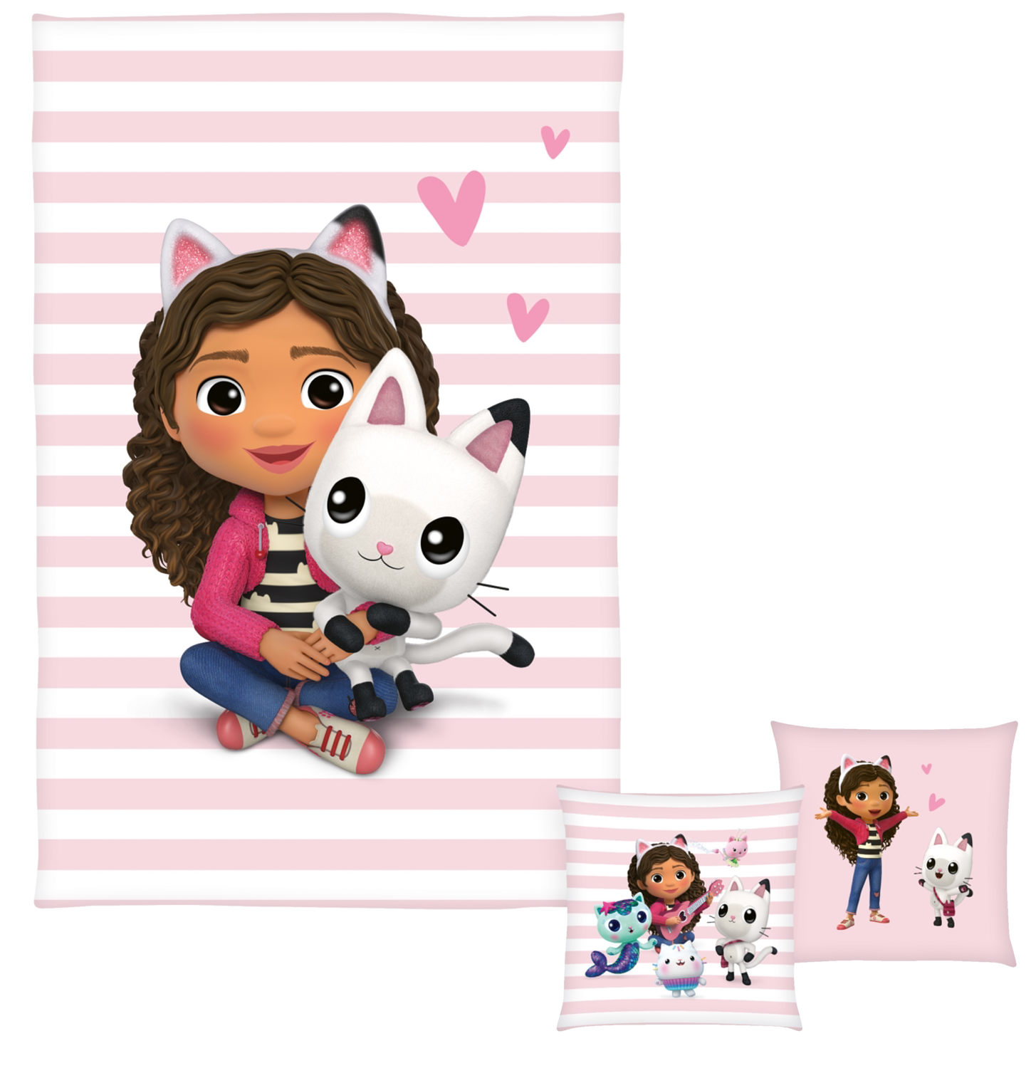 Gabby´s Dollhouse Sada deky s polštářem, 2dílná (pruhy/růžová/bílá)
