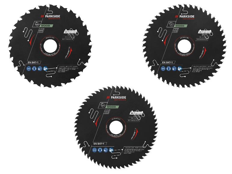 Tři pilové kotouče Parkside Performance na dřevo: 24, 48 a 60 zubů.