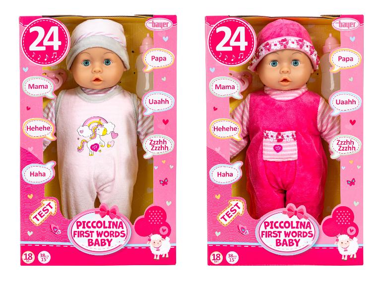 Dvě panenky Piccolina First Words Baby v růžovém a růžovém obalu.