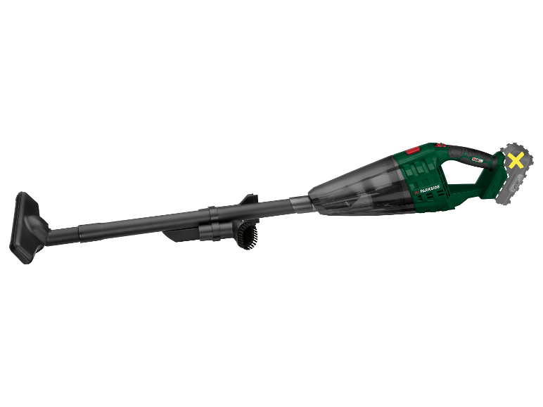 Aku ruční vysavač Parkside s různými nástavci.