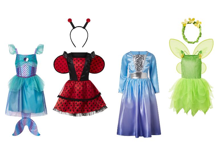 Čtyři dětské kostýmy: mořská panna, beruška, modrá princezna a zelená víla.