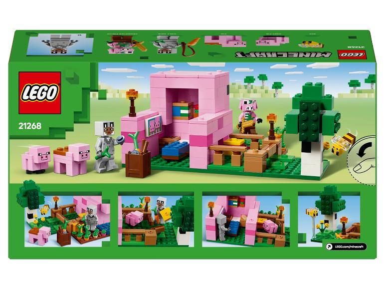Lego Minecraft sada s růžovým domkem pro prasátka, figurkami a doplňky.