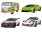 Čtyři 3D puzzle aut: VW autobus, zelené Lamborghini a dvě Porsche.