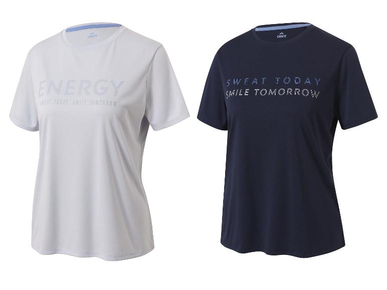 Dvě sportovní trička Crivit s potiskem 'ENERGY' a 'SWEAT TODAY SMILE TOMORROW'.
