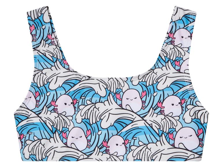 Bikiny top s roztomilými axolotly a modrými vlnami.