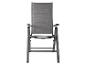 Šedá skládací židle z hliníku a látky.