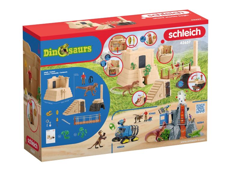 Schleich hrací sada s dinosaury, sopkou, džípem a chrámem.