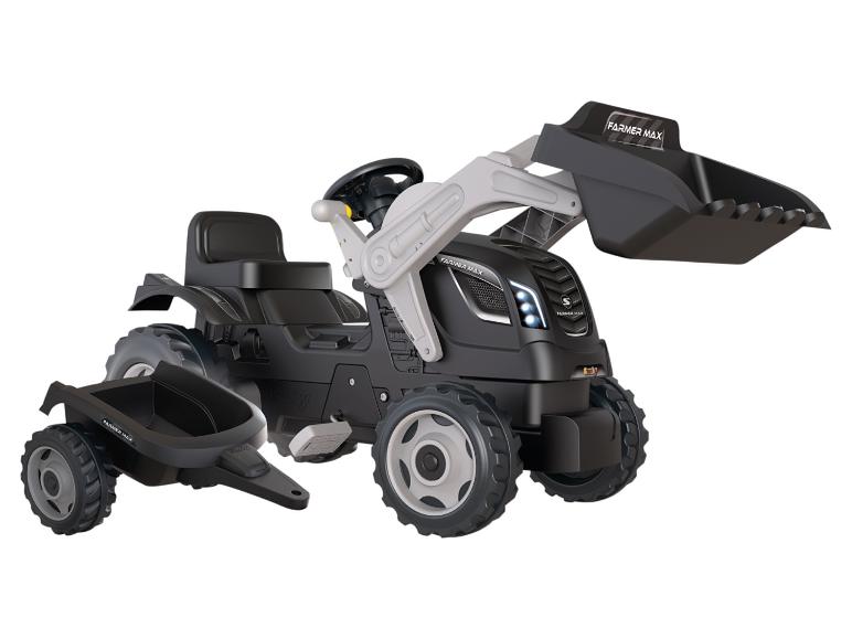 Černý traktor na hraní Farmer Max s přívěsem.