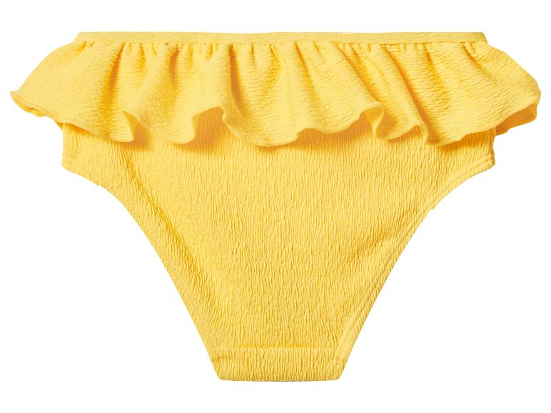 Žluté bikinové kalhotky s volánky a texturovanou látkou.