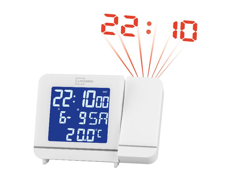 Budík LIVARNO s projektorem zobrazující čas 22:10 a teplotu 20.0°C
