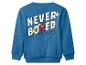 Modrá mikina Mickey Mouse s textem „NEVER BORED“ a Mickeyho rukou a ušima