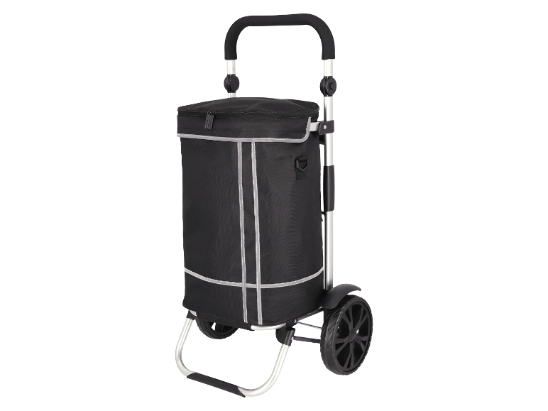 Černý skládací nákupní vozík s rukojetí a kolečky.