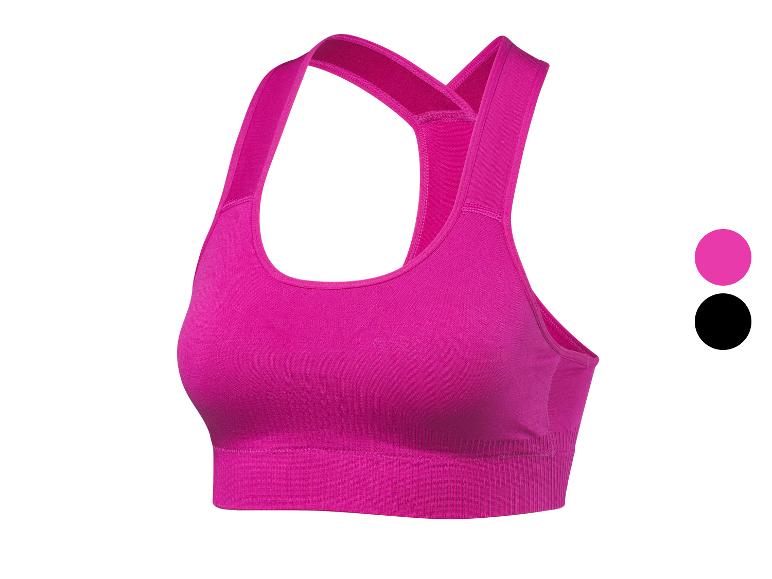 Růžová sportovní podprsenka s ramínky typu racerback, se dvěma barevnými kruhy vedle.