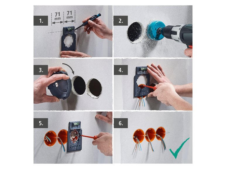 Montáž tří elektrických zásuvek pomocí nástrojů WOLFCRAFT.