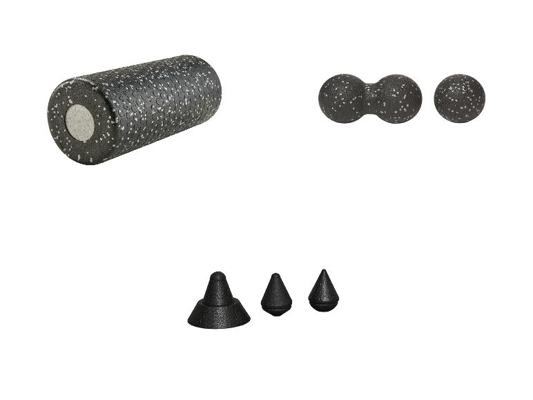 Černý masážní válec, dvojitý míč a tři masážní kužely