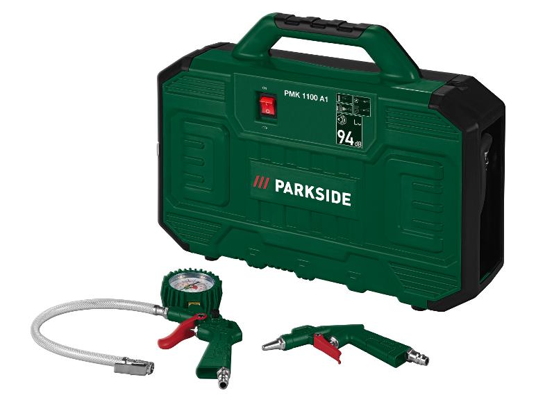 Přenosný vzduchový kompresor Parkside PMK 1100 A1 s příslušenstvím.