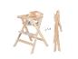 Dřevěná skládací dětská jídelní židlička ve dvou polohách: rozložená a složená