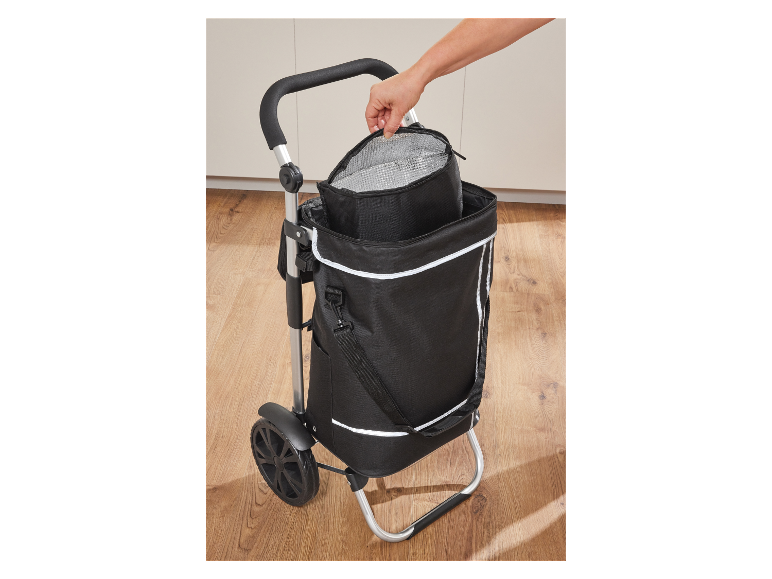 Osoba dává chladicí tašku do skládacího nákupního vozíku.