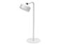 Bílá moderní stojací lampa s kovovou základnou a hlavou s tlačítkem napájení.