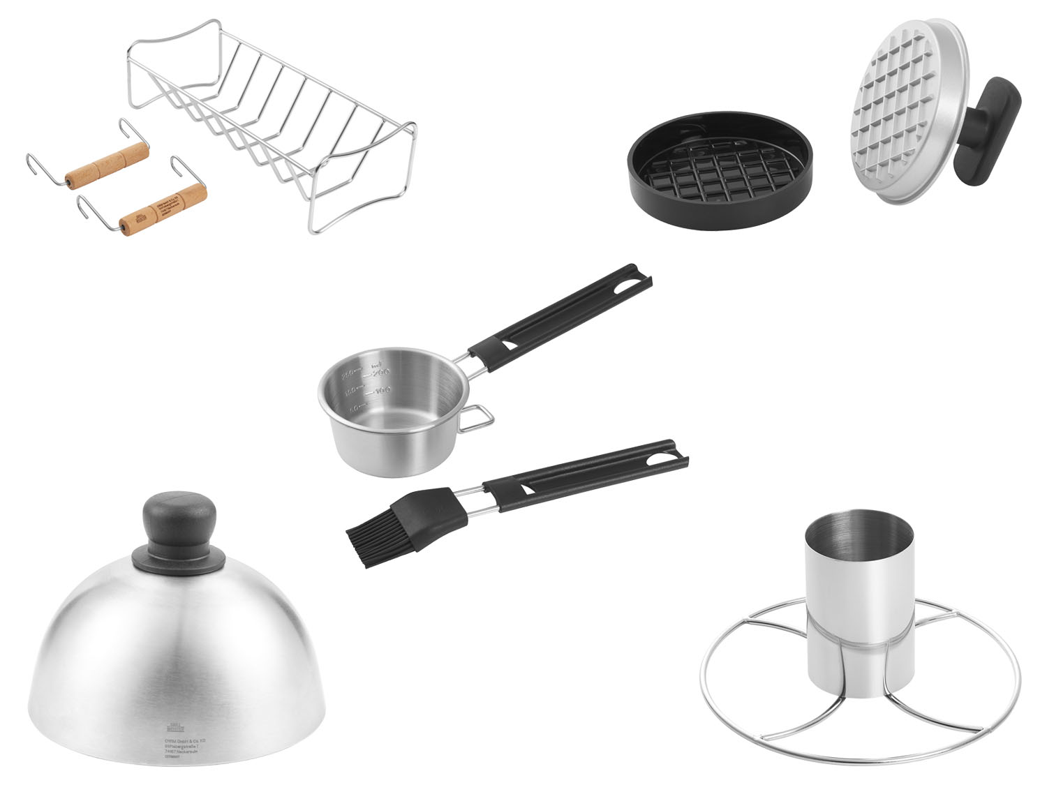 GRILLMEISTER Grilovací stojan na kuře / Grilovací stojan na žebírka a pečeni / Forma na hamburgery / Sada na marinování / Poklop na burgery