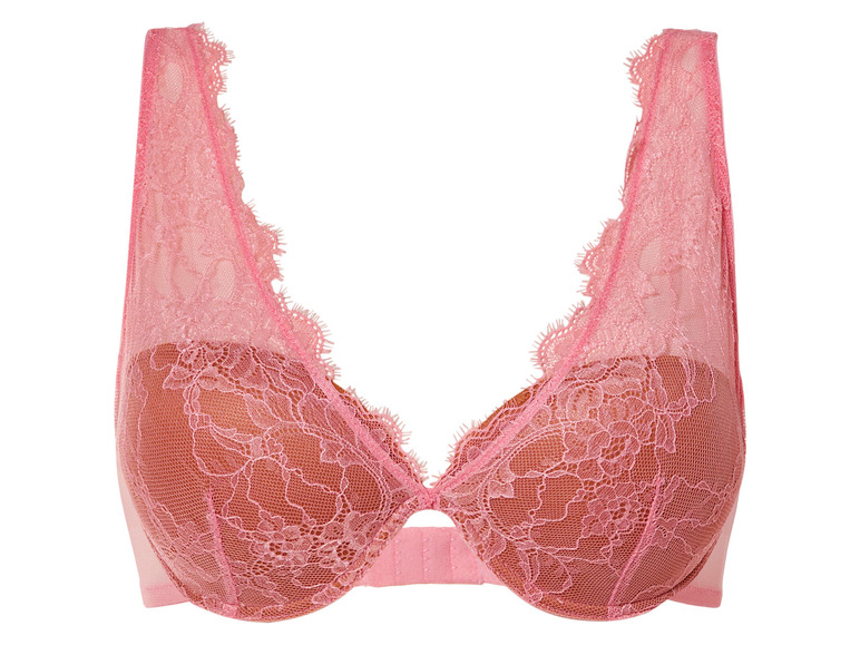 Růžová podprsenka s krajkovou výšivkou a hlubokým výstřihem do V.